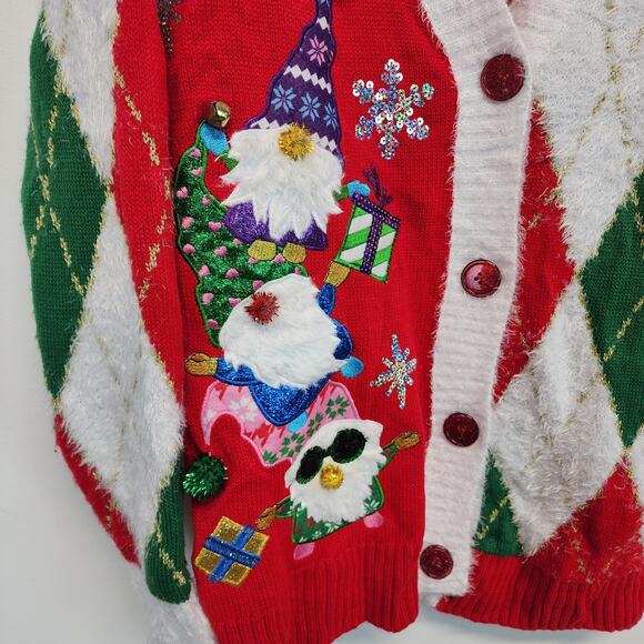 Holiday Time Ugly Christmas Sweater Cardigan Size L Elves Argle V-neck Festive - Picture 3 of 10